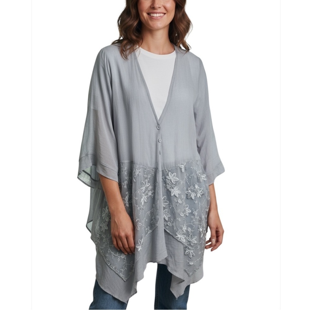 Pretty Angel Gray Lace Embriudered Handkerchief Boho Blouse Size Medium
